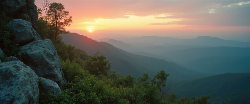 Serene Sunset Landscape with Rolling Mountains, Lush Greenery, and Rocky Cliffs, bathed in the Warm Light of Twilight