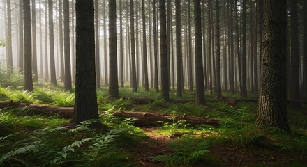 Obraz premium Misty Sunlight in a Tranquil Forest