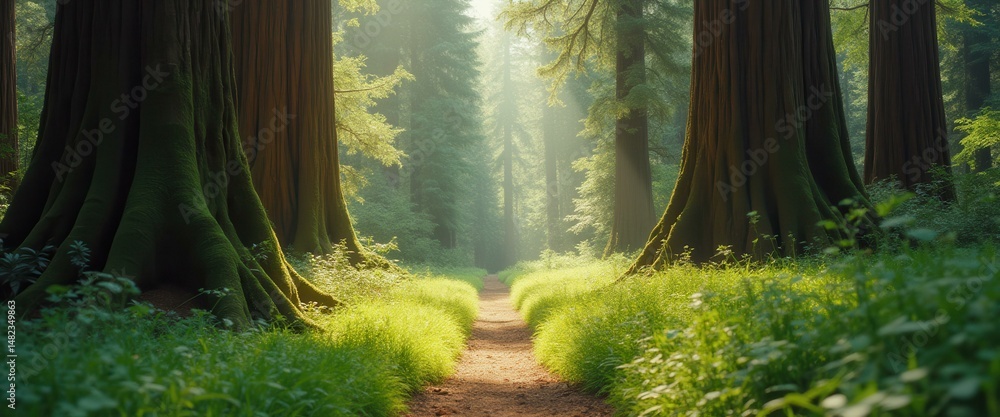 Poster Path Through a Lush Redwood Forest with Sunlight Streaming Through the Trees