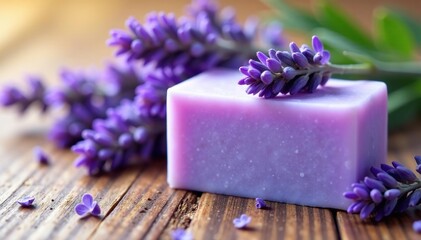 Lavender soap bar with fresh lavender flowers, spa, aromatherapy , present, lavender