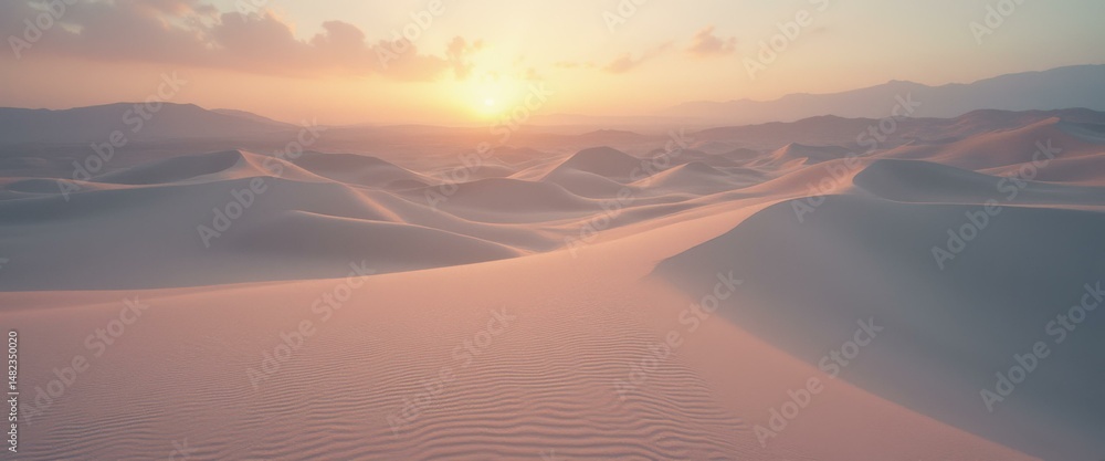 Aufkleber ethereal desert landscape with sun rising over soft dunes, creating a serene and dreamy atmosphere w
