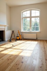 Obraz premium Sunlight streams through a large window illuminating a newly installed light wood floor in a room under renovation