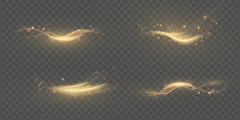 Golden light trails, light in motion, glowing speed lines with sparkles. Bright gold decoration, luminescent swirls isolated on black background. Vector illustration. © Alesya