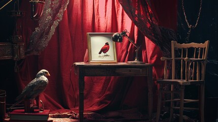 Theatrical vintage stage setup with red curtains and table for dramatic mystery story scene concept photo