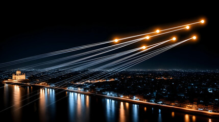 Fototapeta premium The Brooklyn Bridge at night showcases New York City's illuminated architecture over the East River, connecting Brooklyn and Manhattan under a dark sky