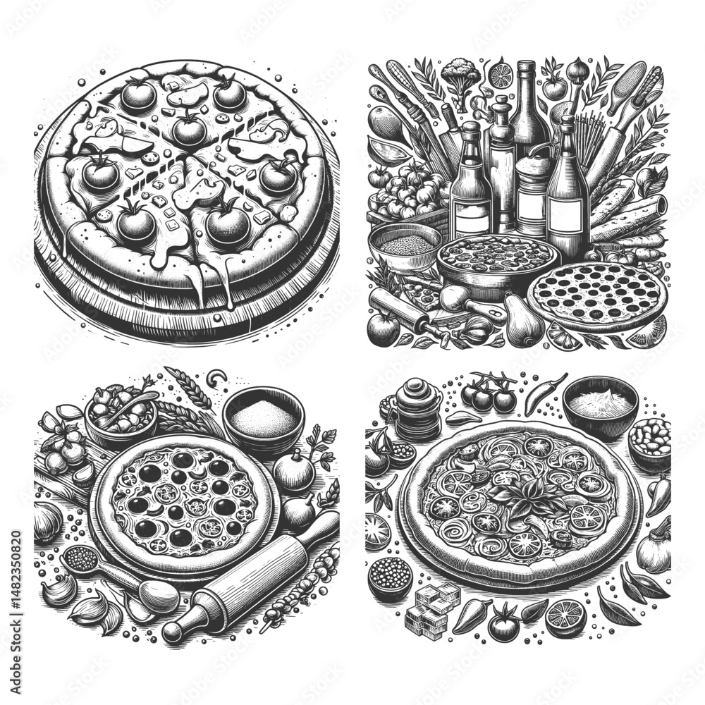 Poster pizza set collection bundle sketch engraving generative ai vector illustration. scratch board imitat