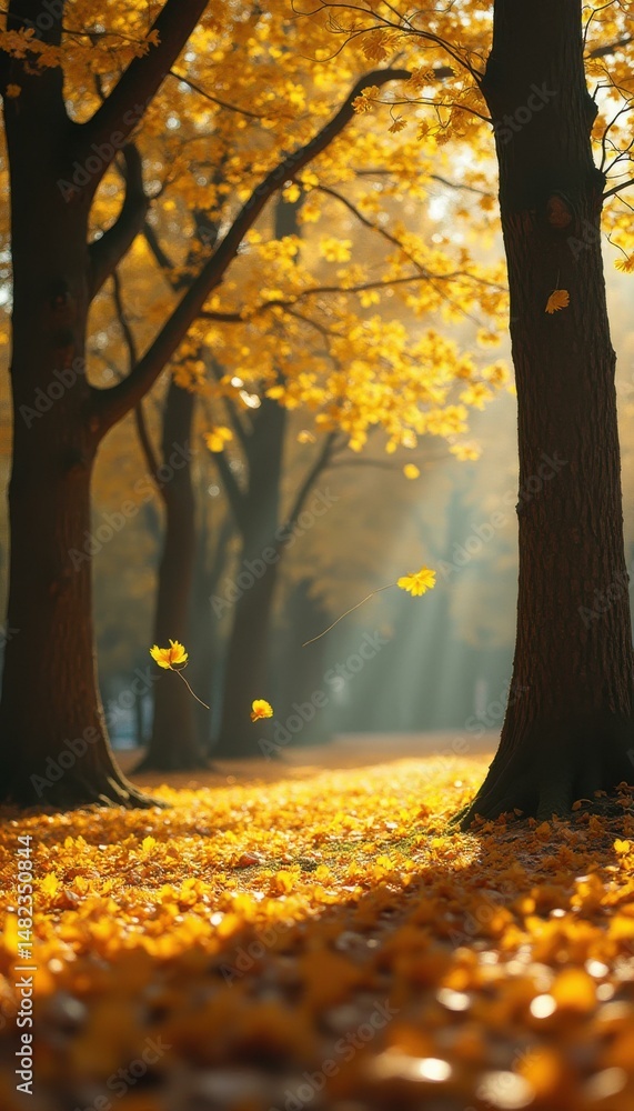 Aufkleber autumn forest path with falling yellow leaves, sunlight filtering through trees, creating a serene w