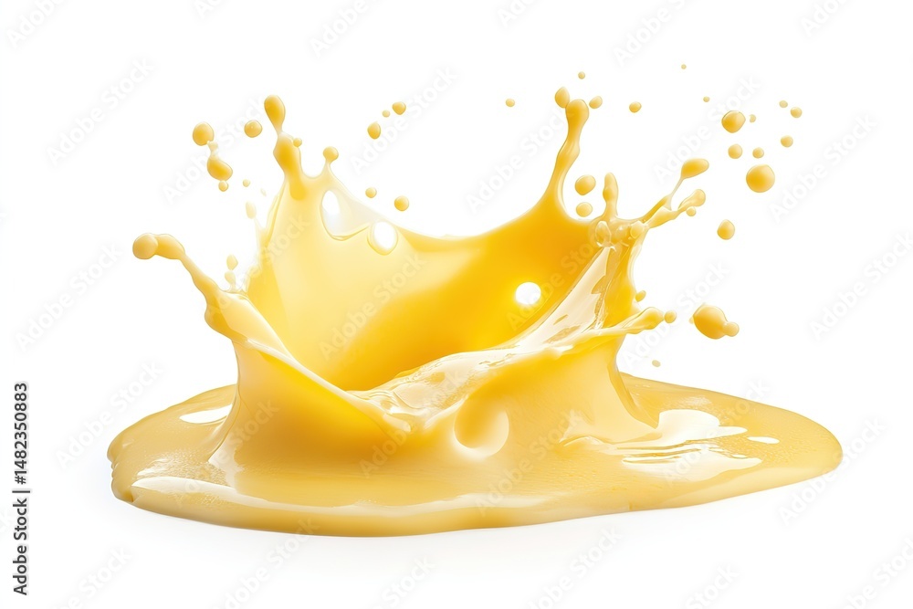 Poster a vibrant yellow liquid splash with droplets isolated on a white background in dynamic motion