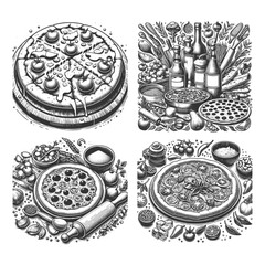 pizza Set collection bundle sketch engraving generative ai vector illustration. Scratch board imitation. Black and white image.