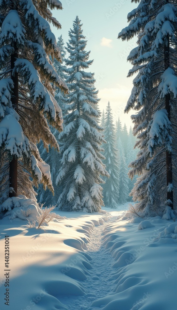 Aufkleber winter forest path with snow-covered trees and sunlight, creating a scenic wonderland of natural bea