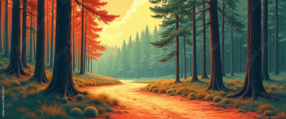 Poster serene forest path with autumnal trees and evergreen woods in warm light