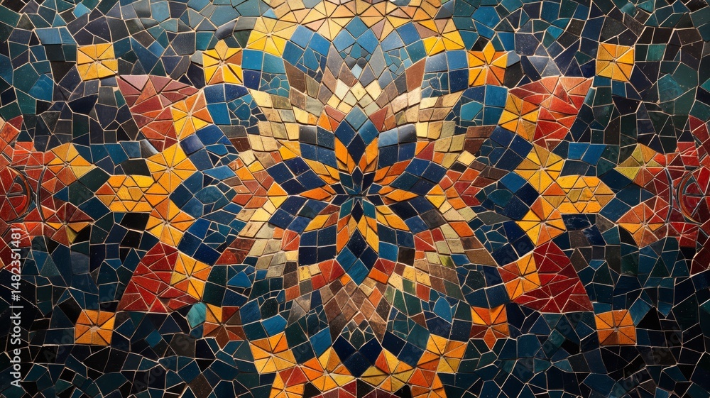 Poster vibrant mosaic design featuring geometric patterns in an abstract style against a rich background
