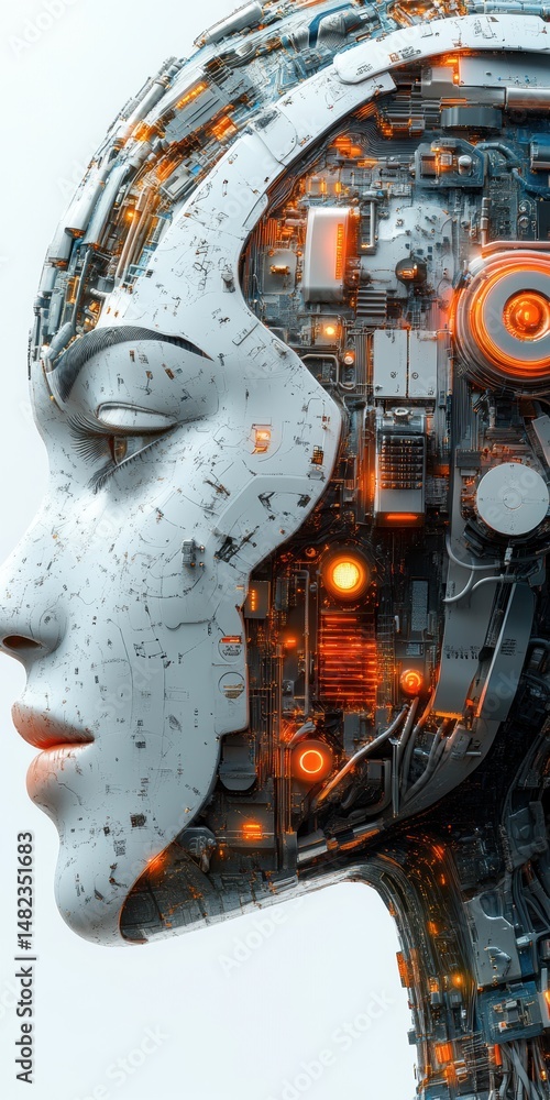 Poster intricate robot head in profile with complex mechanical components