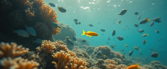 Obraz premium Underwater scene with a solitary yellow fish swimming among diverse schools and vibrant coral reefs