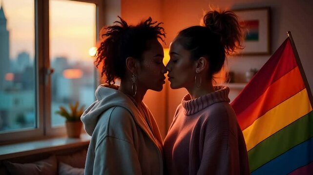Multiracial lesbian couple look at each other with love  with lbgt freedom rainbow flag