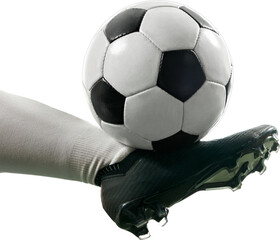 Close-up photo. Football player's powerful kick in mid-air, ball lifted perfectly for impressive...