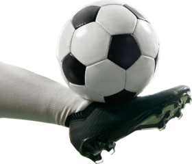 Close-up photo. Football player's powerful kick in mid-air, ball lifted perfectly for impressive strike against transparent background. Concept of competition, sport games, movement, energy. Ad.