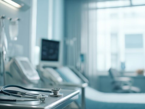 Stethoscope lying on table in modern hospital room or clinic