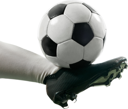 Close-up photo. Football player's powerful kick in mid-air, ball lifted perfectly for impressive strike against transparent background. Concept of competition, sport games, movement, energy. Ad.