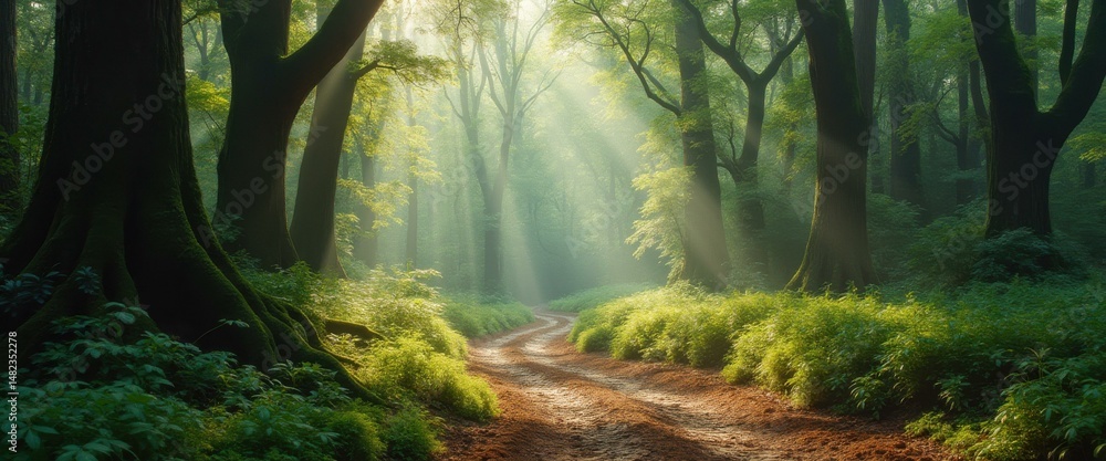 Poster Enchanted forest trail with sunbeams filtering through lush trees, creating a serene and magical ambiance perfect for nature lovers