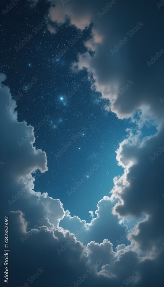 Poster night sky with stars peeking through the gaps in a layer of fluffy white clouds at dusk