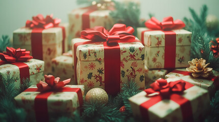 Obraz premium Festive arrangement of beautifully wrapped Christmas gift boxes in various sizes adorned with elegant ribbons and bows luxurious holiday presents on a crisp white background