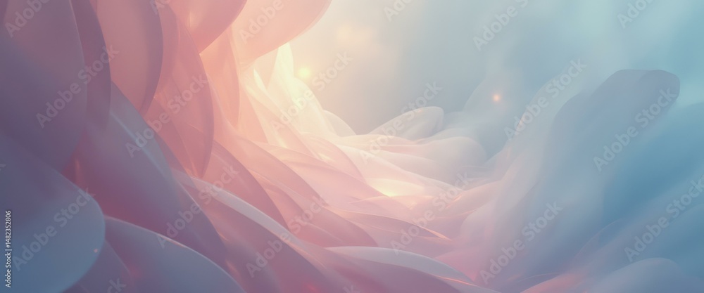 Poster ethereal abstract of curved forms with soft pink and blue hues, suggesting flowing petals or light c