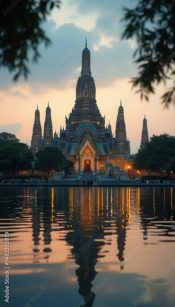 Poster illuminated temple reflected in water at dusk with ornamental architecture and peaceful atmosphere