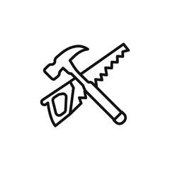 Hammer and saw icon on white background. Editable stroke.