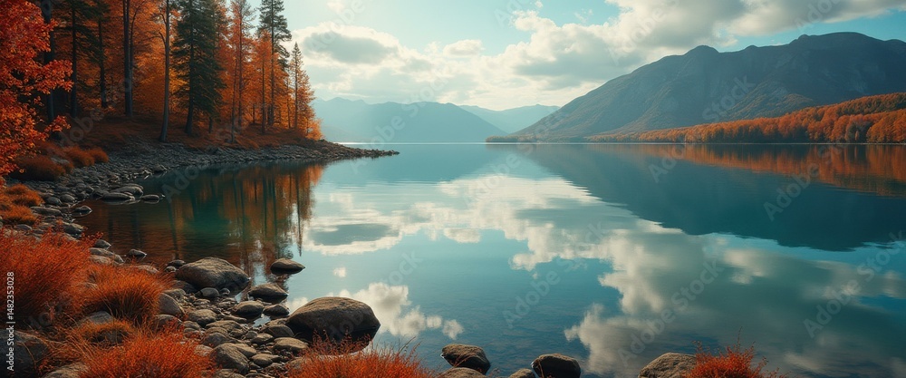 Poster serene lake surrounded by autumn trees with mountains reflecting in the calm water during daylight