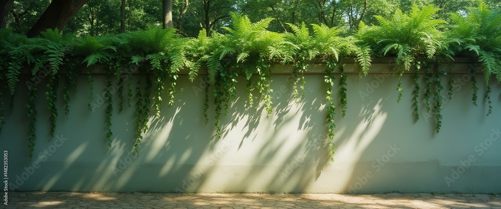 Leinwandbilder fern-adorned wall with cascading vines and textured surface in a verdant garden setting