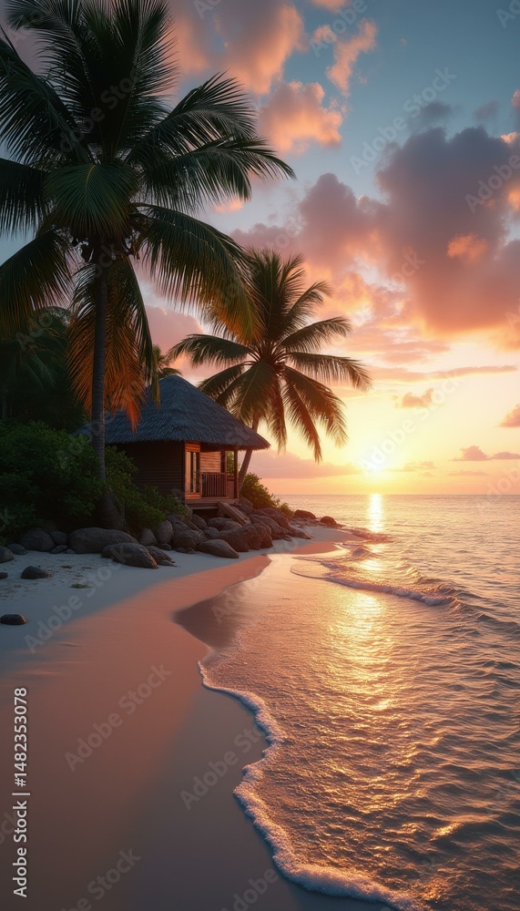 Poster tropical beach sunset with hut and palm trees reflecting in ocean waves