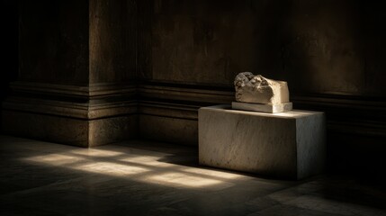 Sunlight illuminating ancient stone fragment in dark museum room