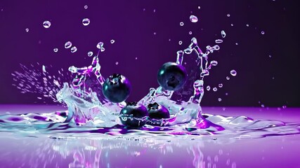 Slow motion of blueberries splashing into glossy purple water, creating vibrant dynamic ripples and fresh juicy fruit explosion against minimal background