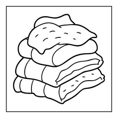 A black and white drawing of a folded towel and Blanket with a white background