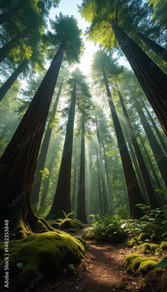 Aufkleber Sunlight Filters Through Towering Evergreen Trees in a Lush, Mossy Forest, Creating a Serene Woodland Scene