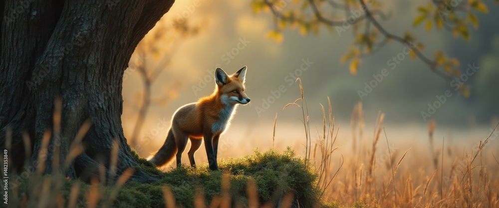 Poster alert red fox standing watch in a misty golden meadow near a large tree in autumn