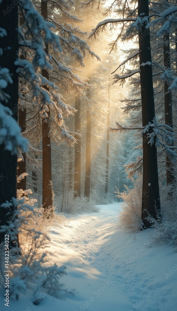 Poster serene winter forest path with golden sunlight streaming through snow-covered trees
