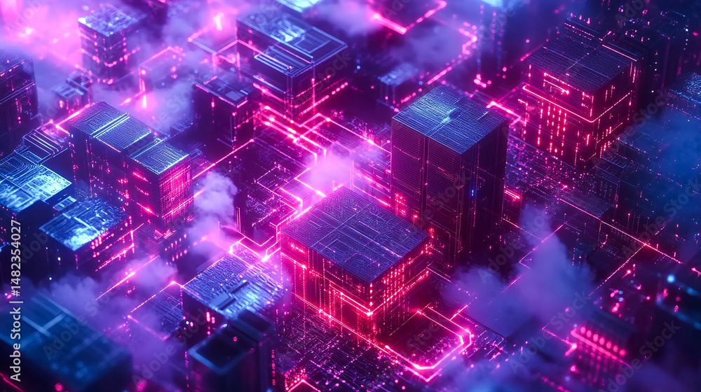 Poster futuristic network of cloud computing and blockchain technology - a vibrant 3d polygonal illustratio