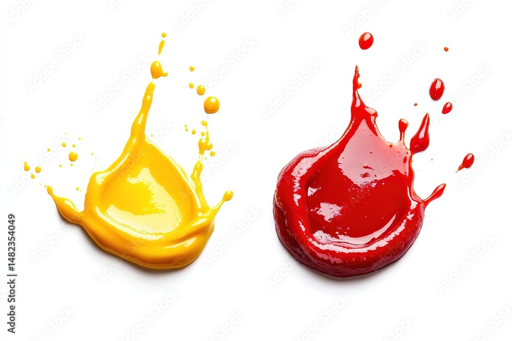 Aufkleber two vibrant paint splashes of red and yellow isolated on a white background create an abstract desig