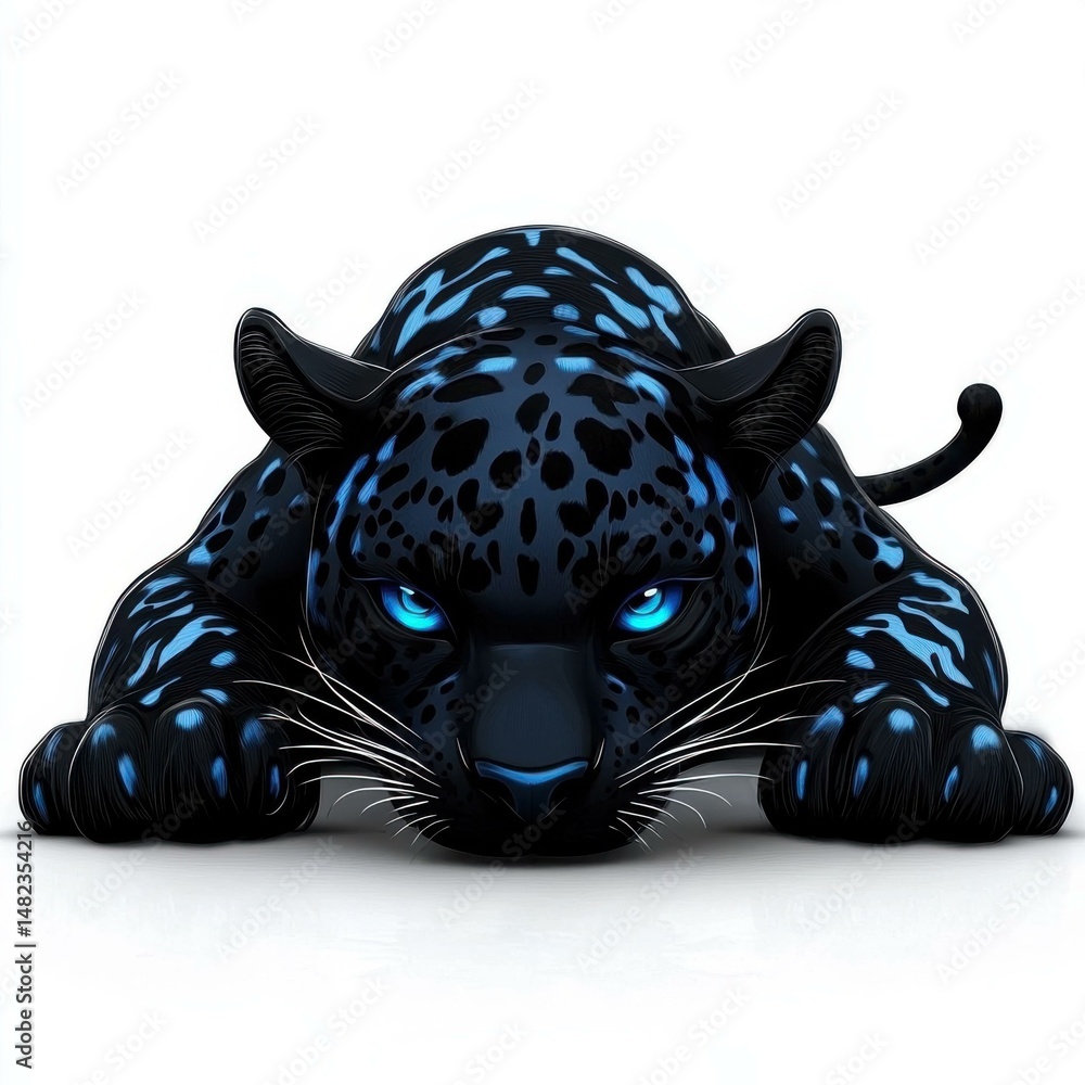 Poster powerful panther with glowing blue eyes in a stalking pose on a white background, creating a strikin