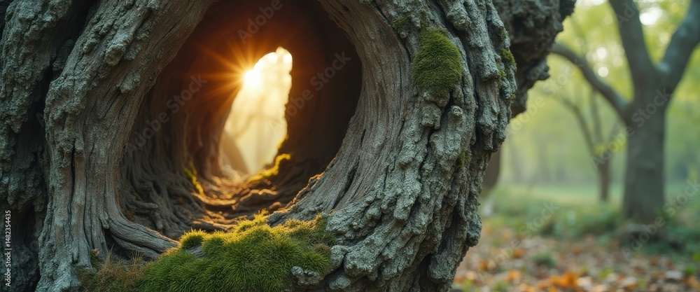 Aufkleber sunlight piercing through a hole in an old tree trunk covered with moss in a serene forest