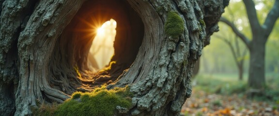 Sunlight Piercing Through a Hole in an Old Tree Trunk Covered with Moss in a Serene Forest