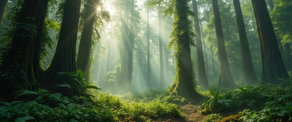 Obraz premium Sunlight filters through a dense forest, illuminating a winding path surrounded by towering trees and lush, vibrant green foliage.