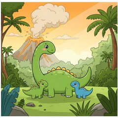 Adorable Dinosaur Family in Prehistoric Jungle Setting with Volcano Eruption Cartoon Illustration for Kids Book Design and Educational Resources featuring Cute Dinosaurs and Lush Tropical Foliage