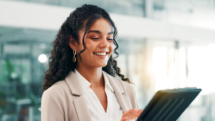 Research, smile and tablet with business woman in office for information, project management,...