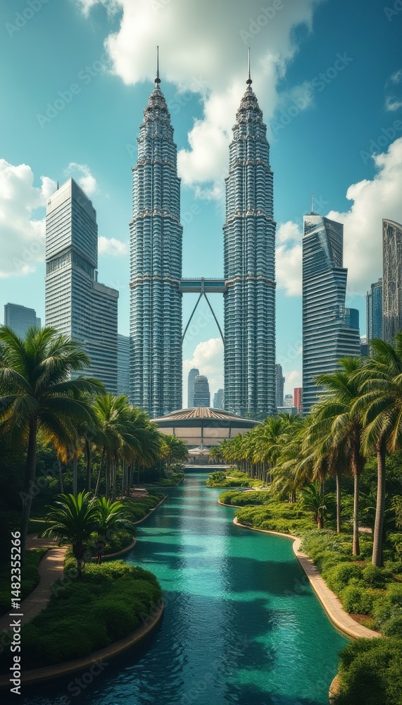 Poster majestic futuristic skyscrapers tower over a tranquil waterway lined with lush greenery and palm tre