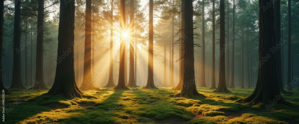 Aufkleber sunlight filters through towering trees, casting ethereal glow on mossy forest floor, creating seren