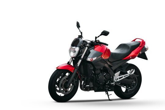 Red sport motorcycle (naked streetfighter) three-quarter front view, isolated on white background