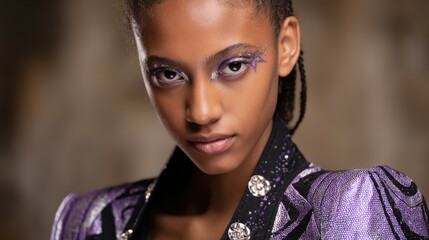 Fashion model showing creative purple glitter makeup and braids hairstyle